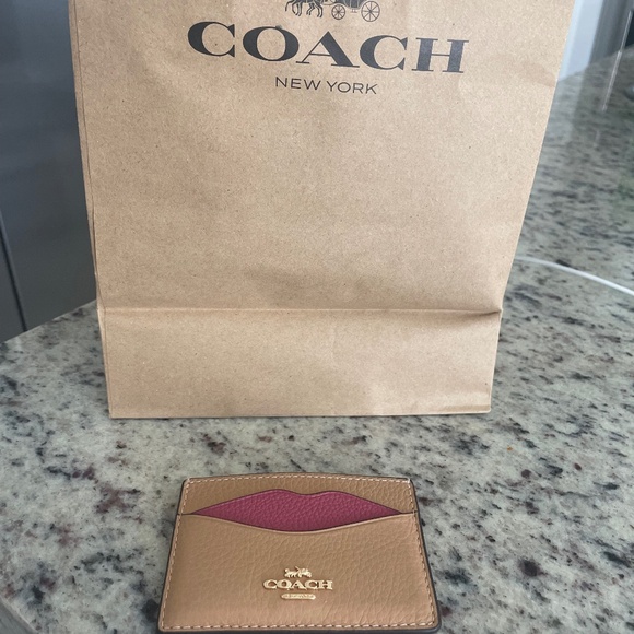 COACH Lip ID Card Tan/Pink Leather Card Case - Picture 6 of 10